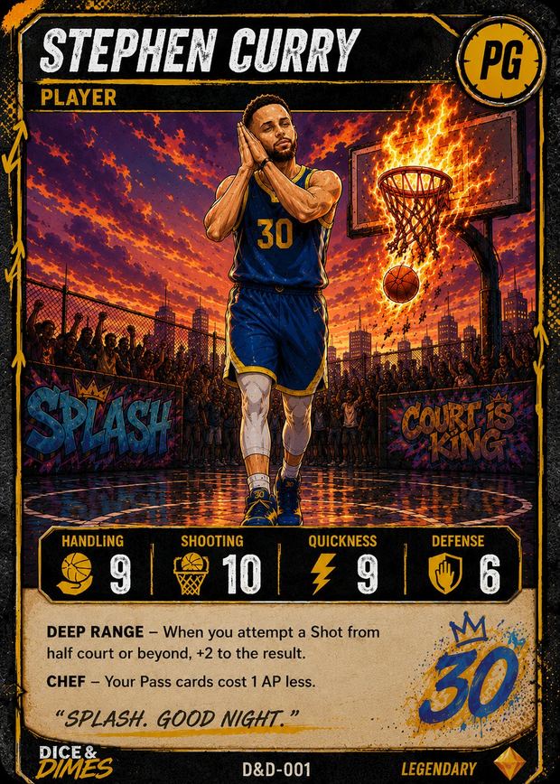 Dice & Dimes card face: Stephen Curry, Player card D&D-001, Legendary.