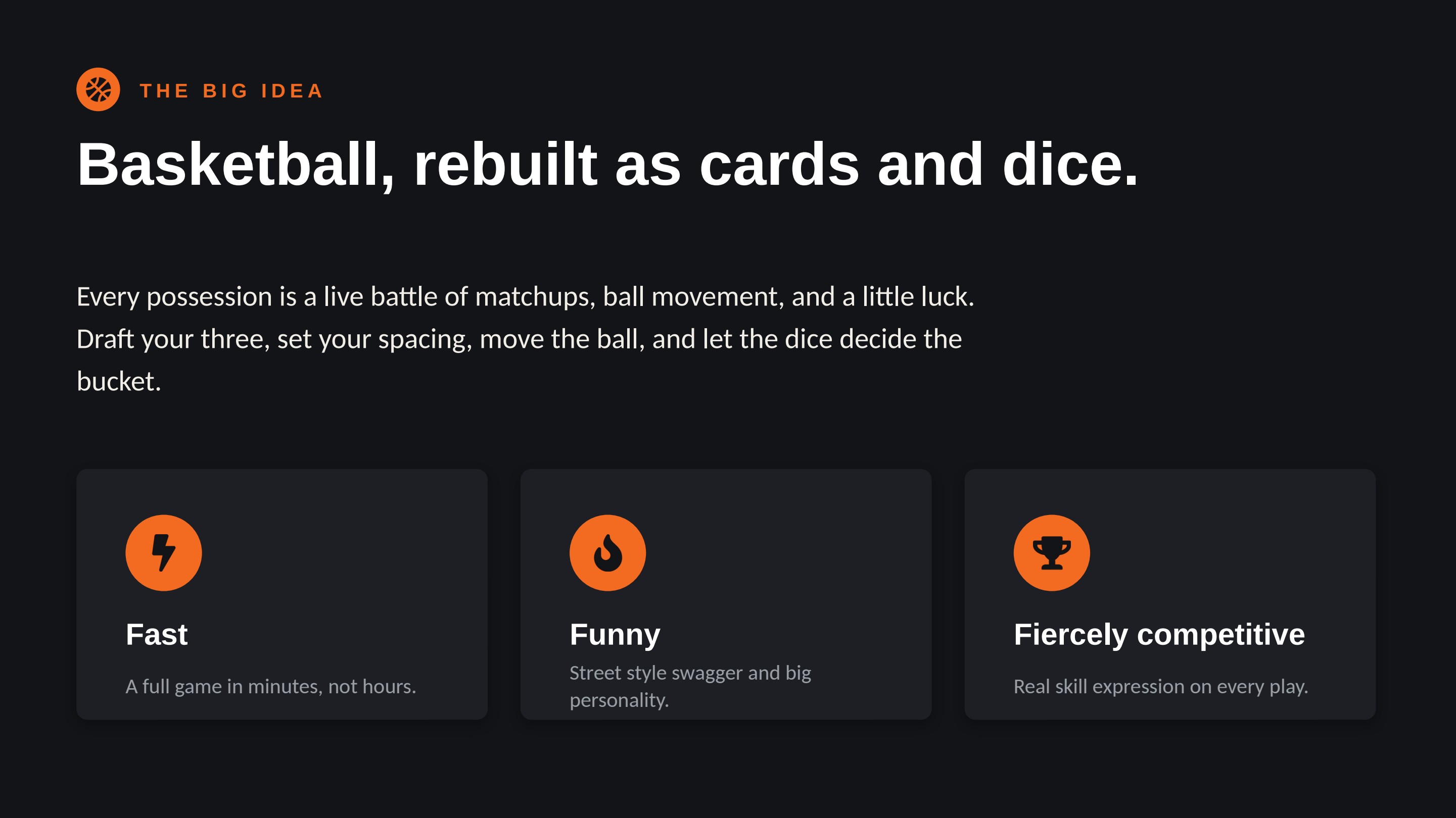 The big idea: basketball, rebuilt as cards and dice. Fast, funny, fiercely competitive.
