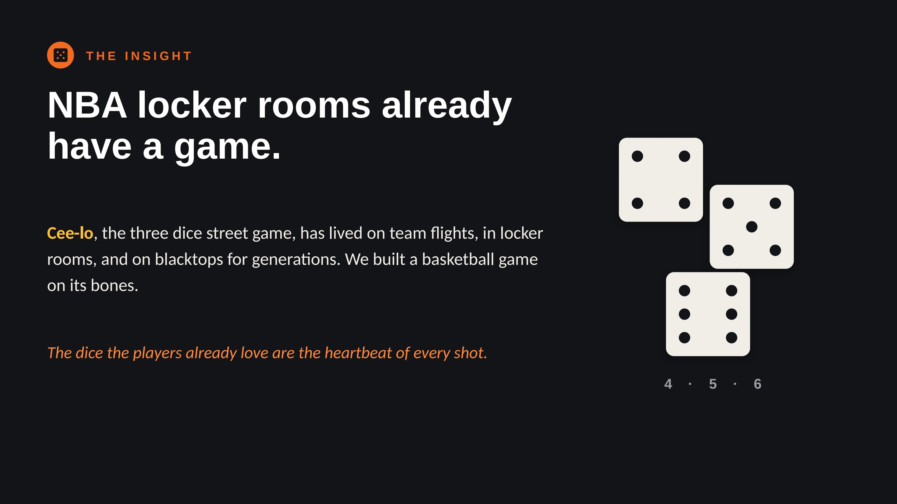 The insight: NBA locker rooms already have a game — Cee-lo. We built a basketball game on its bones.