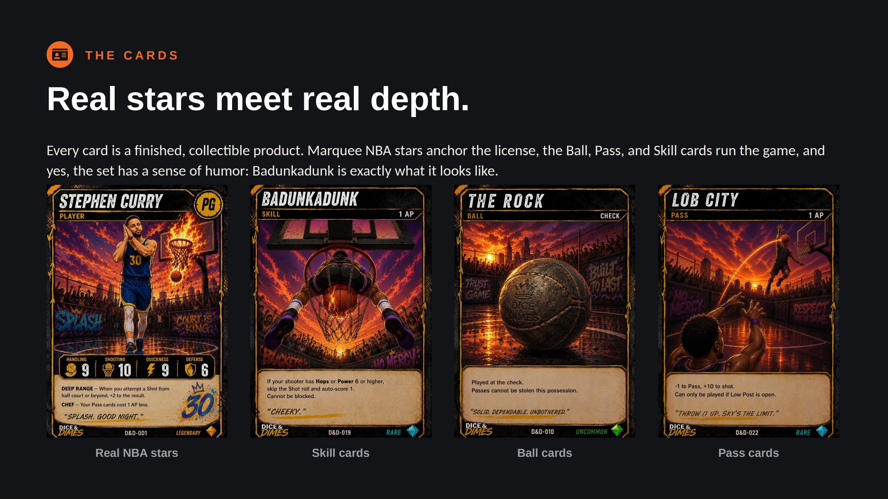 The cards: real stars meet real depth — player, skill, ball, and pass cards.