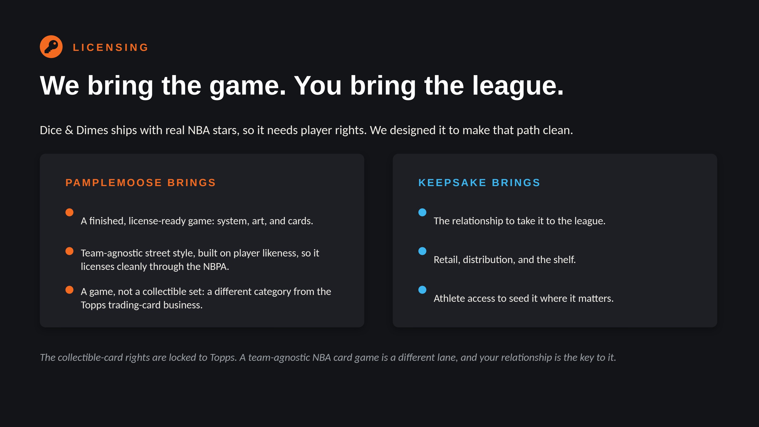 Licensing: Pamplemoose brings the game, the partner brings the league.