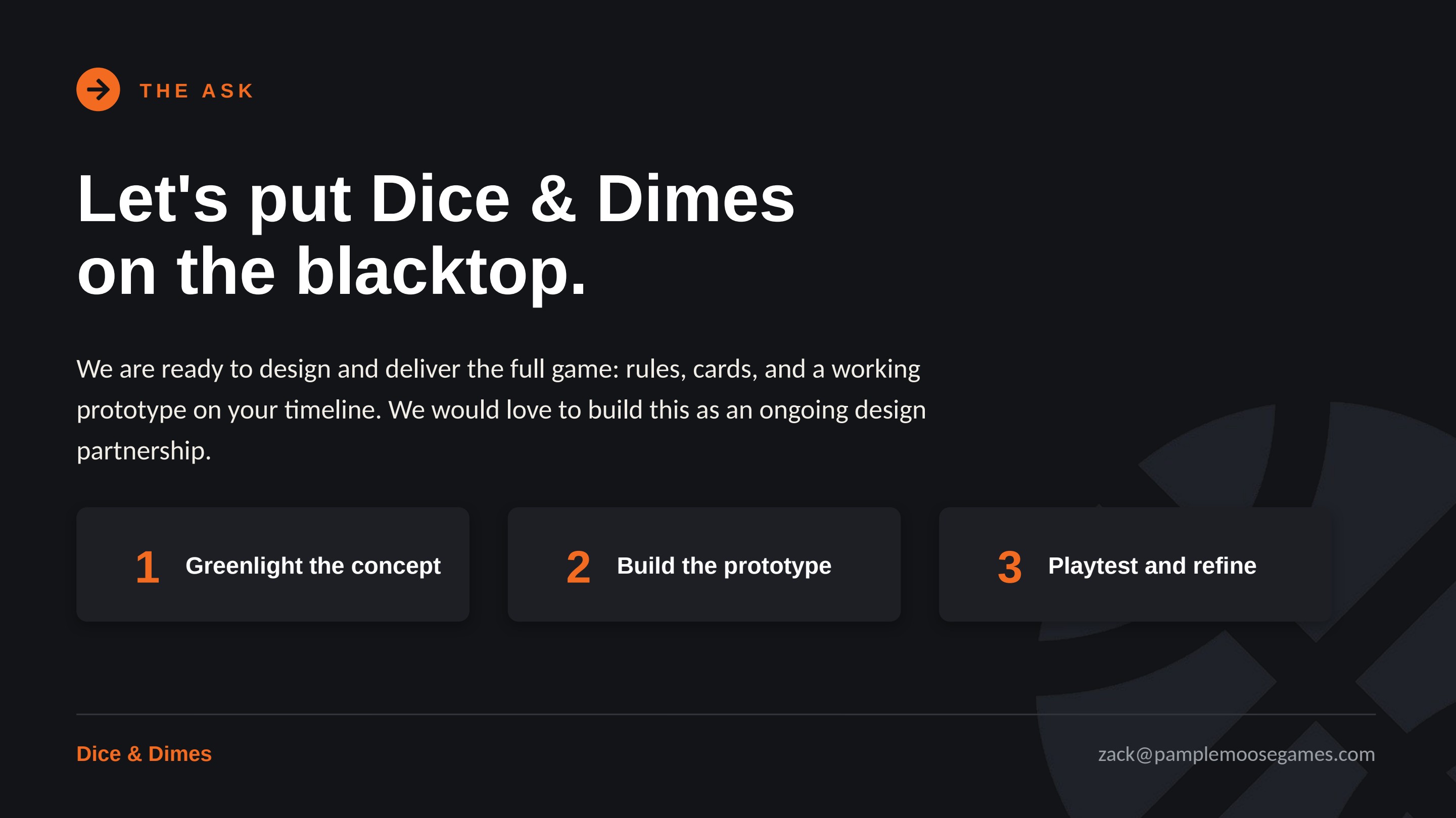 The ask: let's put Dice & Dimes on the blacktop. Greenlight, build the prototype, playtest and refine.
